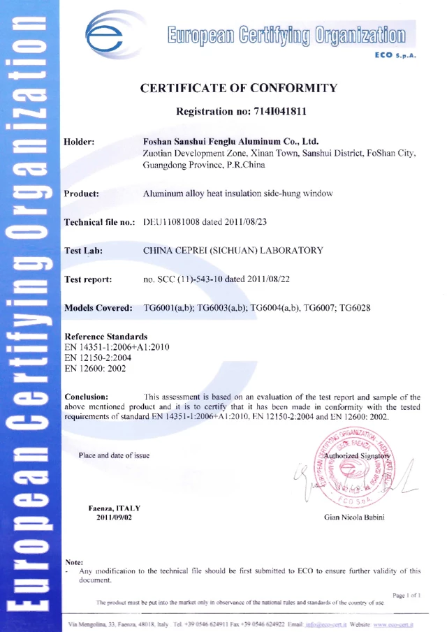 Organización Europea de Certificación de Ventanas Abiertas Laterales con Aislamiento Térmico de Aleación de Aluminio Organización Europea de Certificación Ventana batiente con aislamiento térmico de aleación de aluminio