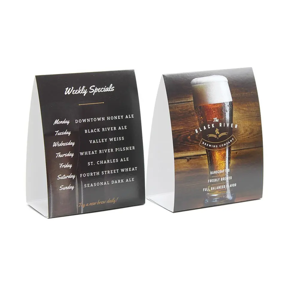 Printed tabletop tent cards advertising stand
