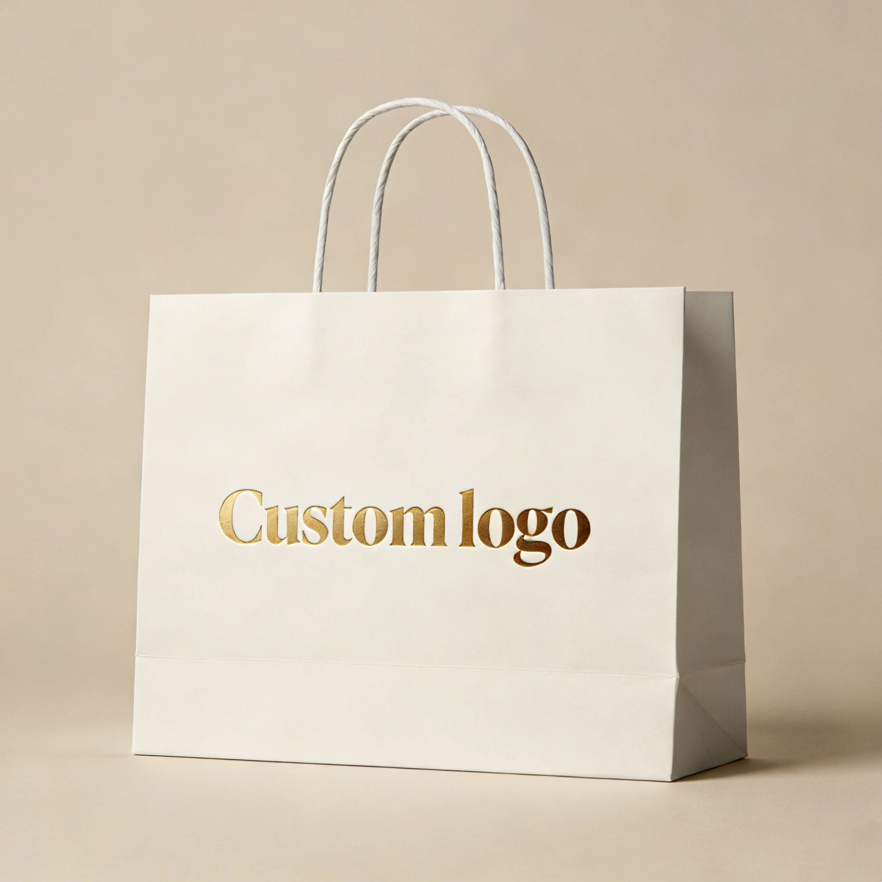 Elegant white paper bag with shiny gold stamping - QianXun