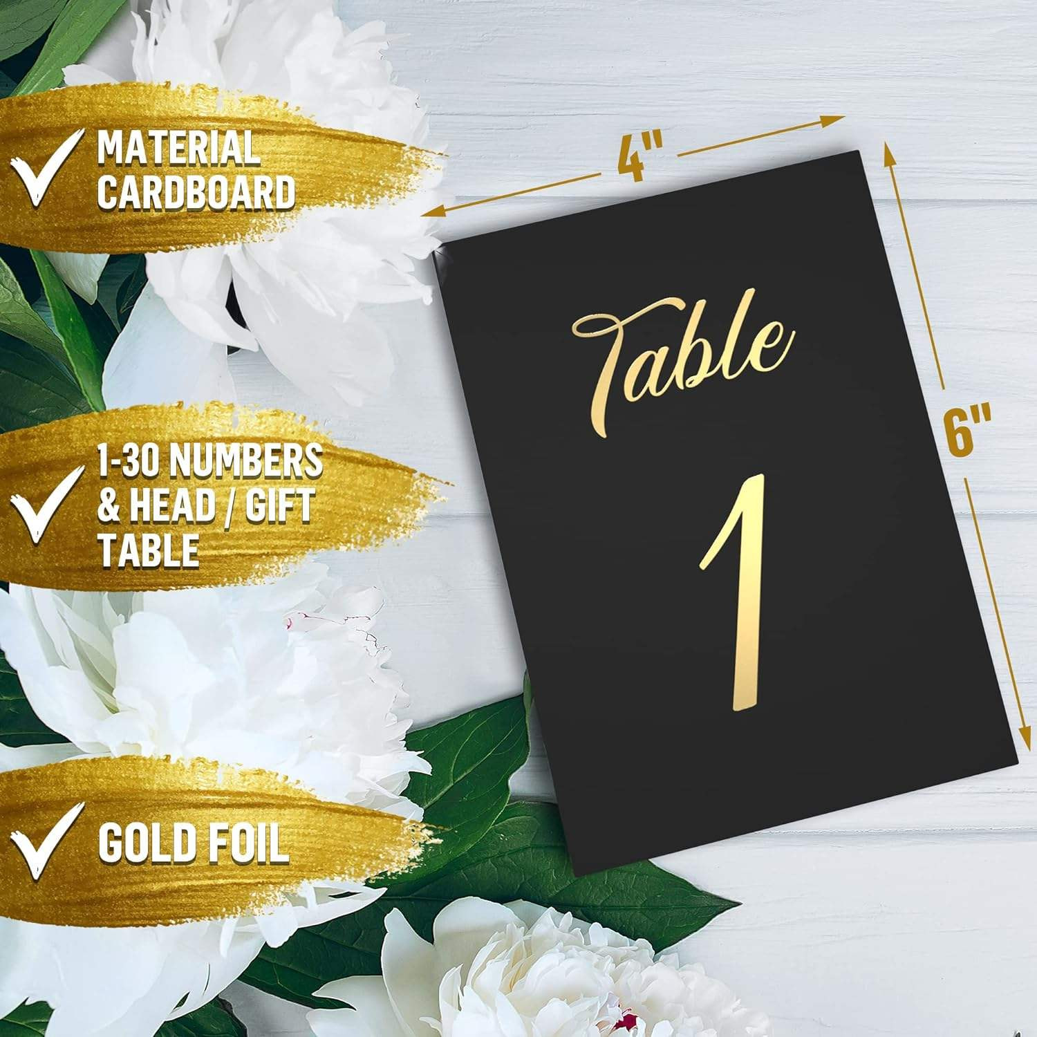 Festive black table cards with foil print design
