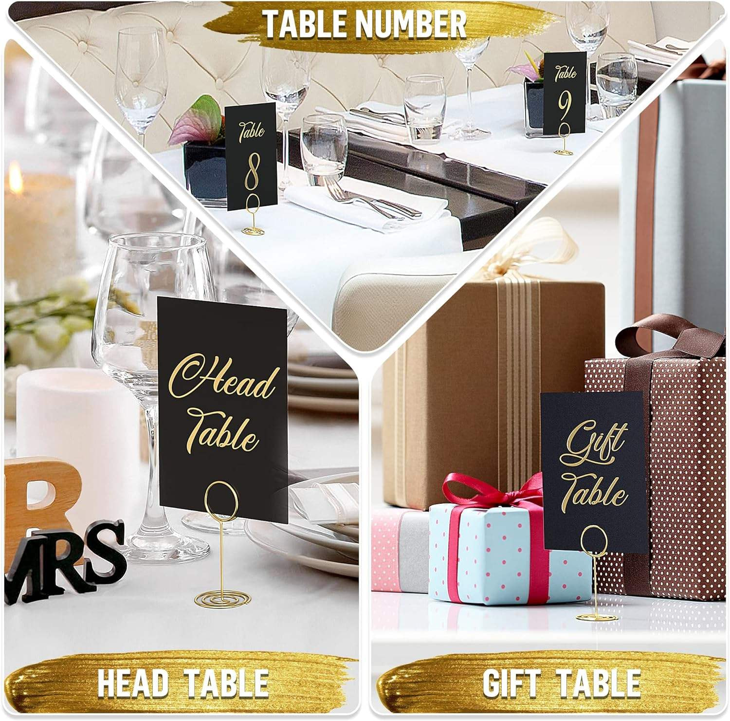 Wedding table number cards with gold details