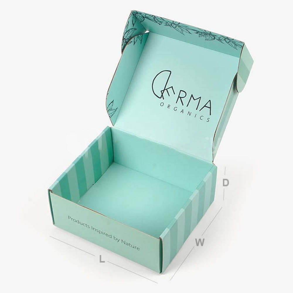 Custom corrugated mailer box with vibrant logo design