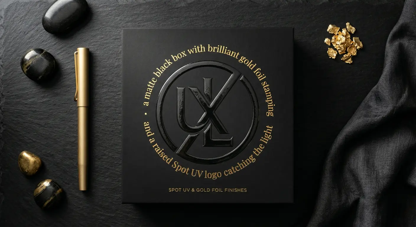 a matte black box with brilliant gold foil stamping and a raised Spot UV logo catching the light.
