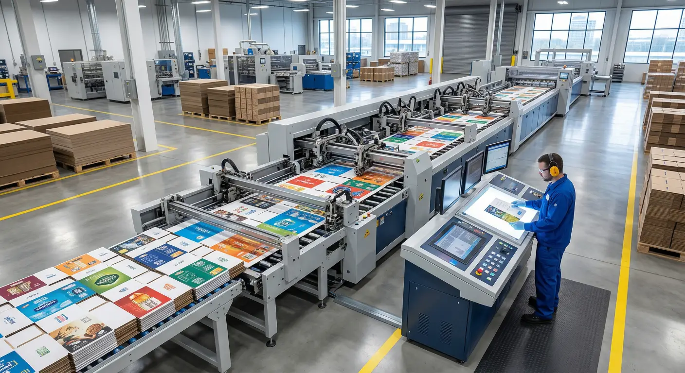 automated folder-gluer machine processing a large run of custom printed boxes