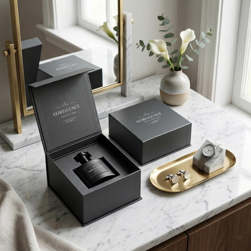 Black paper magnetic box with secure lid closure - QianXun