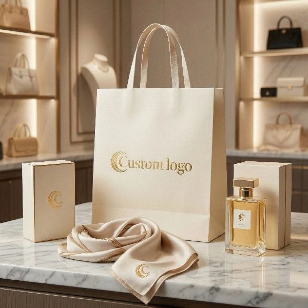 Minimalist white gift bag with custom branding - QianXun