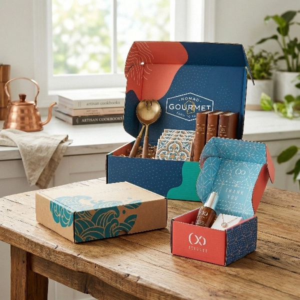 Mailer box with vibrant green and pink design. - QianXun