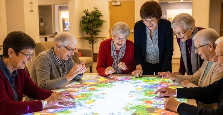 Seniors enjoy interactive projection technology games.