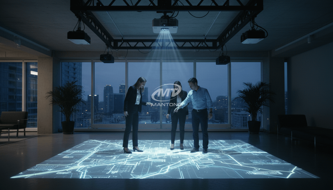 Team using Interactive Projection Software to display data on the floor. Team using Interactive Projection Software to display data on the floor.