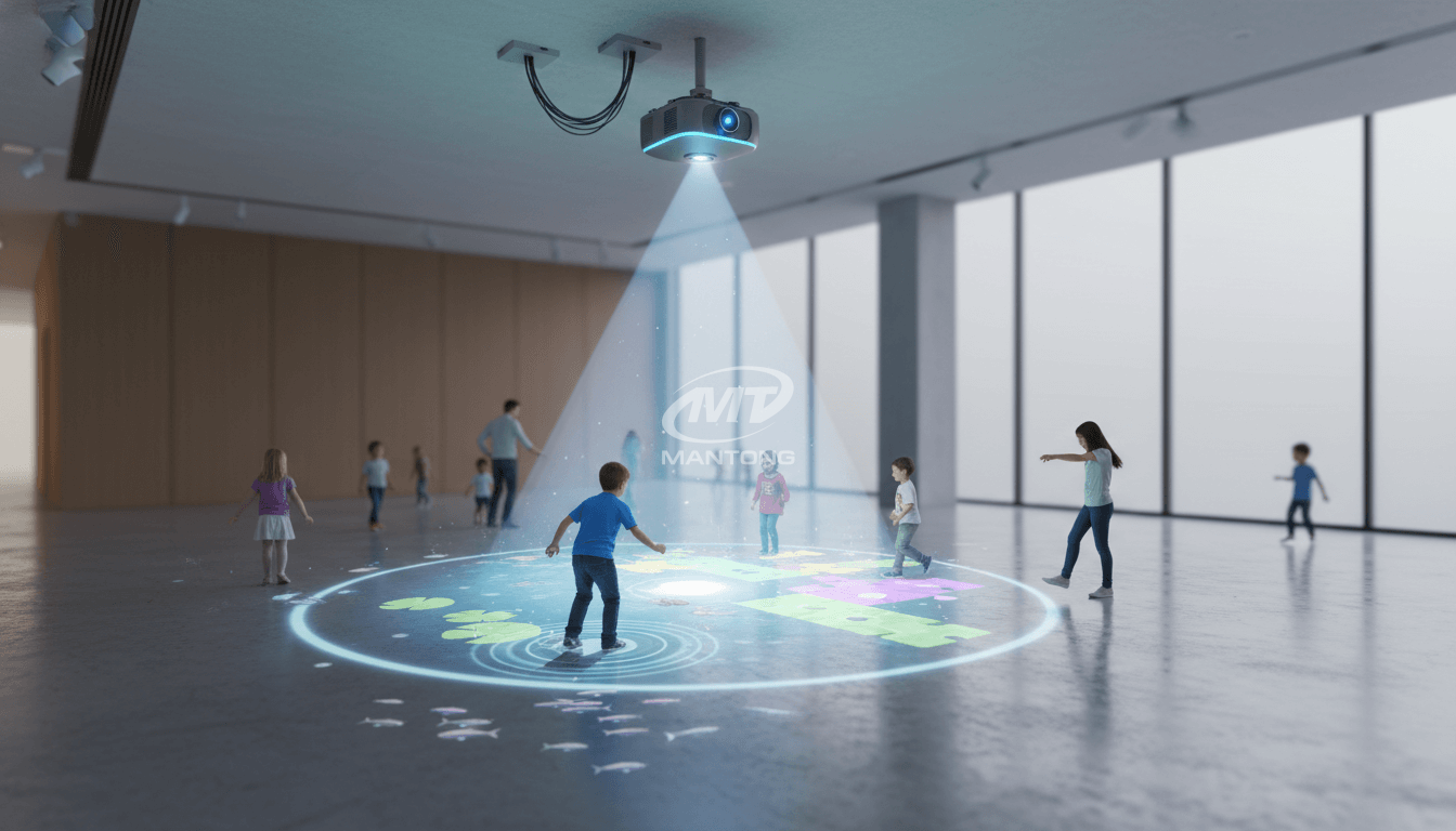 Kids playing with an Interactive Floor Projection System. Kids playing with an Interactive Floor Projection System.