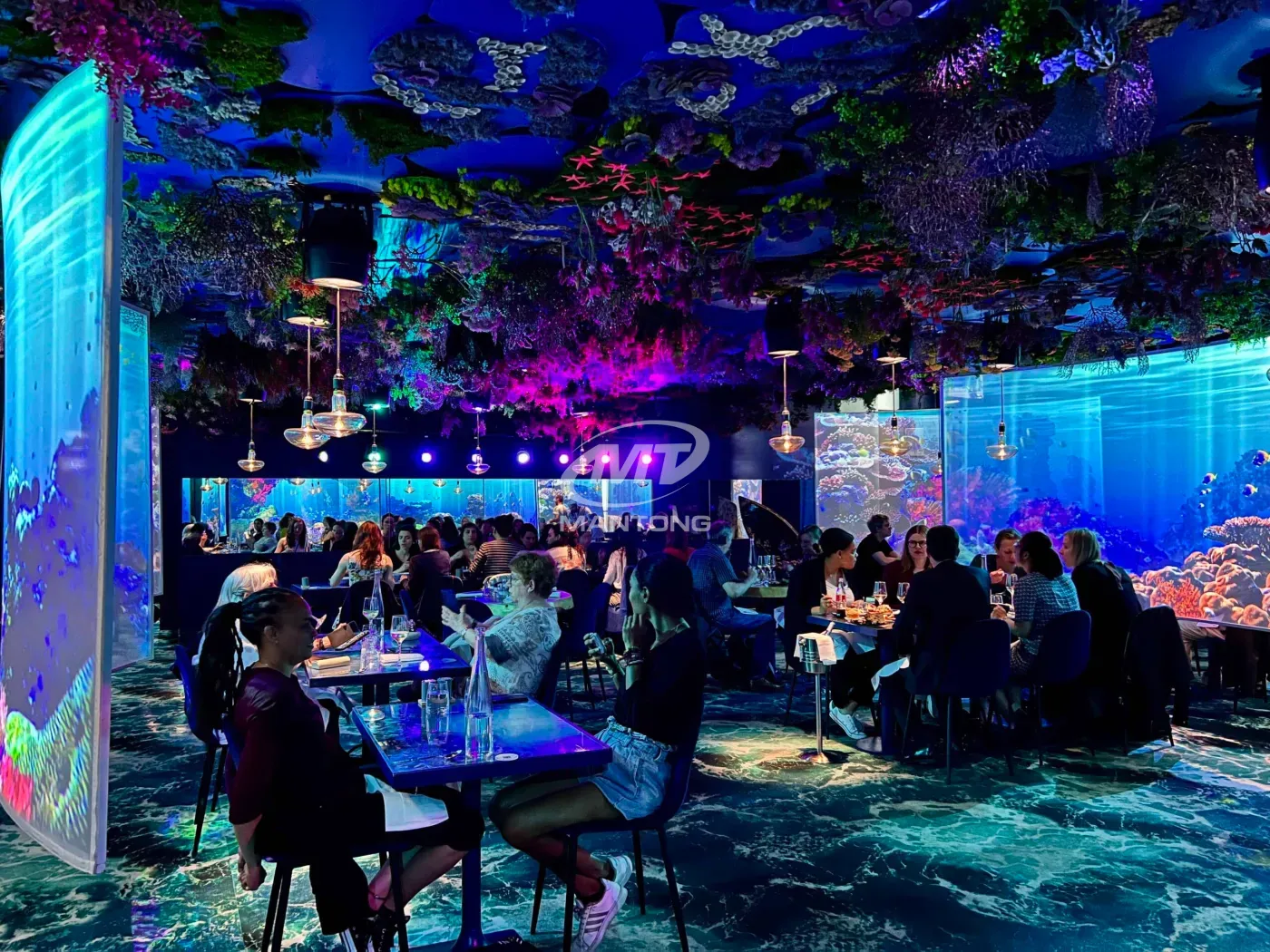 immersive restaurant, Diners enjoy the ambiance of an immersive restaurant with ocean views.