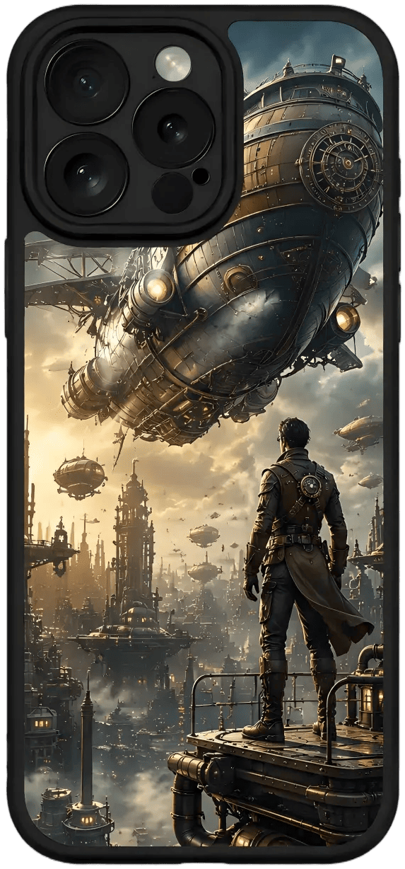 Custom phone case with futuristic steampunk city design