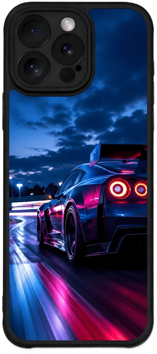 Custom phone case with neon racing car design