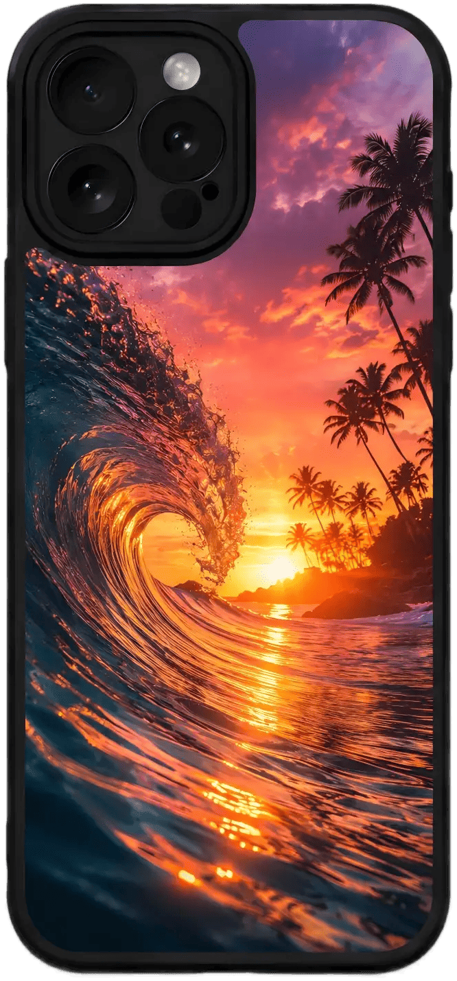 Custom phone case with tropical surf sunset design