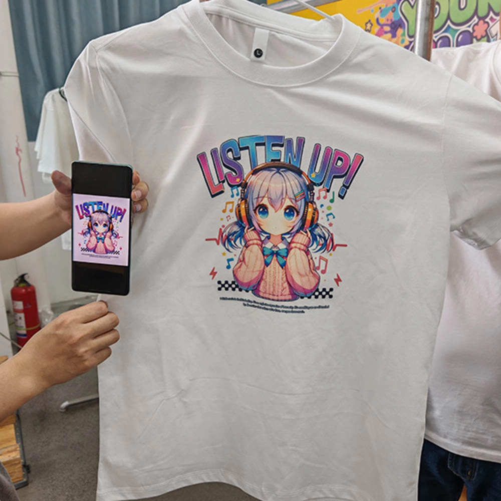 White t-shirt with "Listen Up!" anime girl graphic and matching phone screen. - KeMore