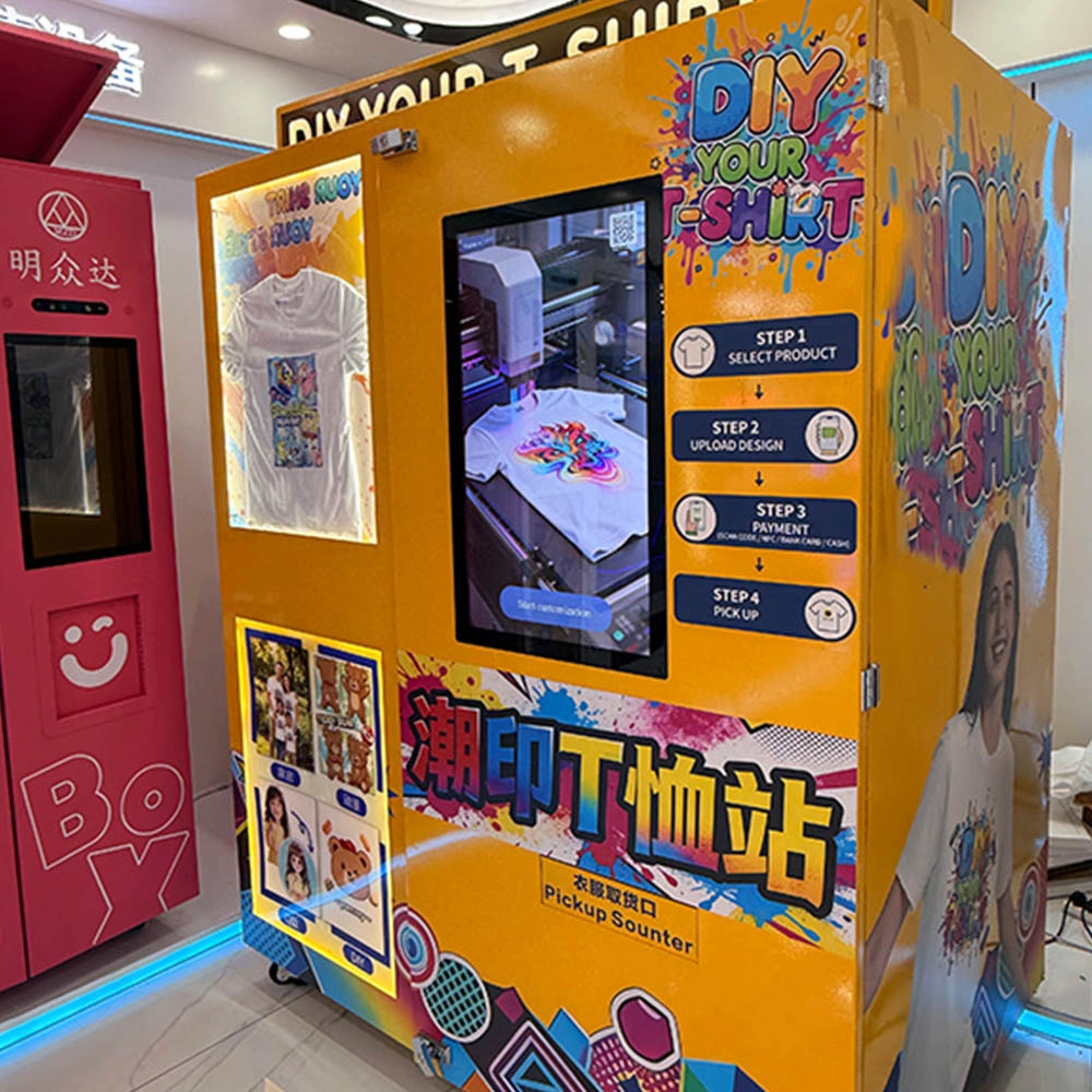 Yellow DIY T-shirt printing vending machine with a digital display screen. - KeMore