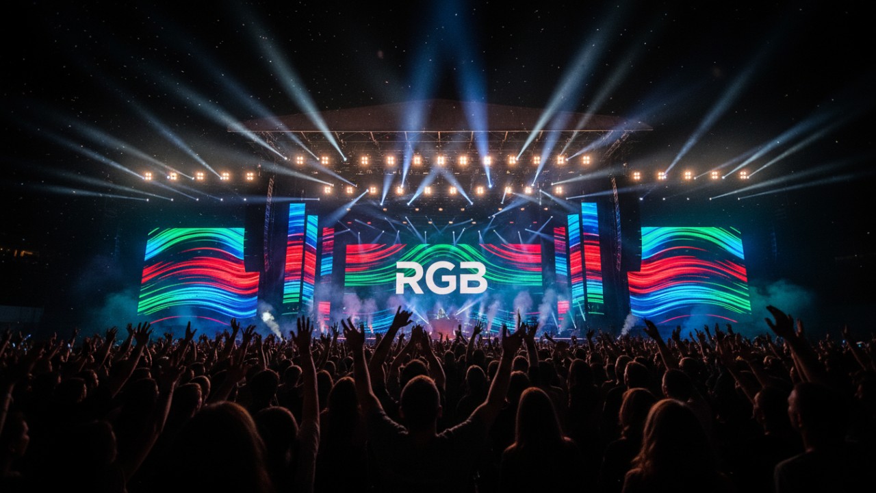 A breathtaking concert stage with vibrant lighting and a large screen displaying the RGB brand name during a successful live performance