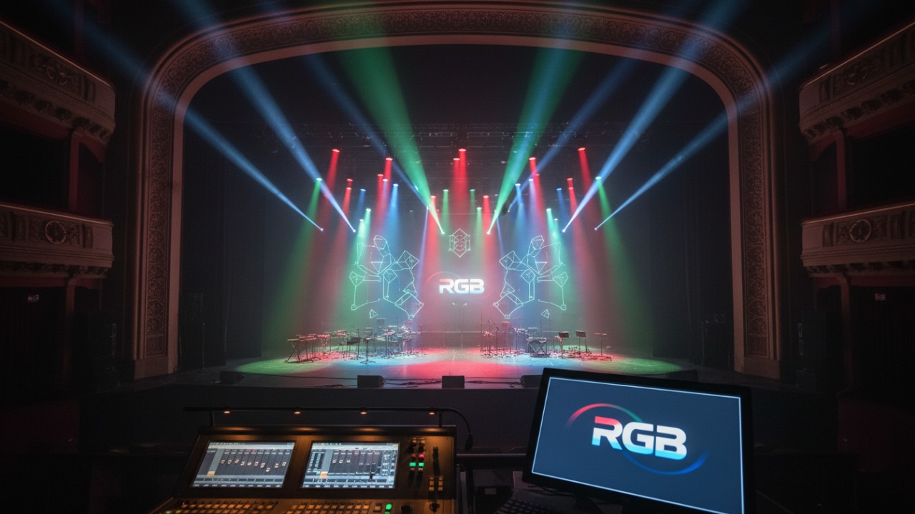 A brilliantly lit concert stage with the RGB brand name displayed on a control monitor in the foreground.