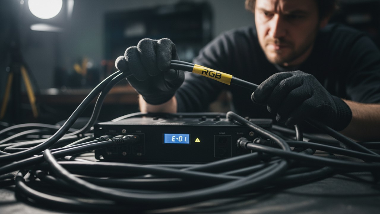 A close-up view of DMX cables and an RGB branded tag being handled by a technician troubleshooting a lighting setup.