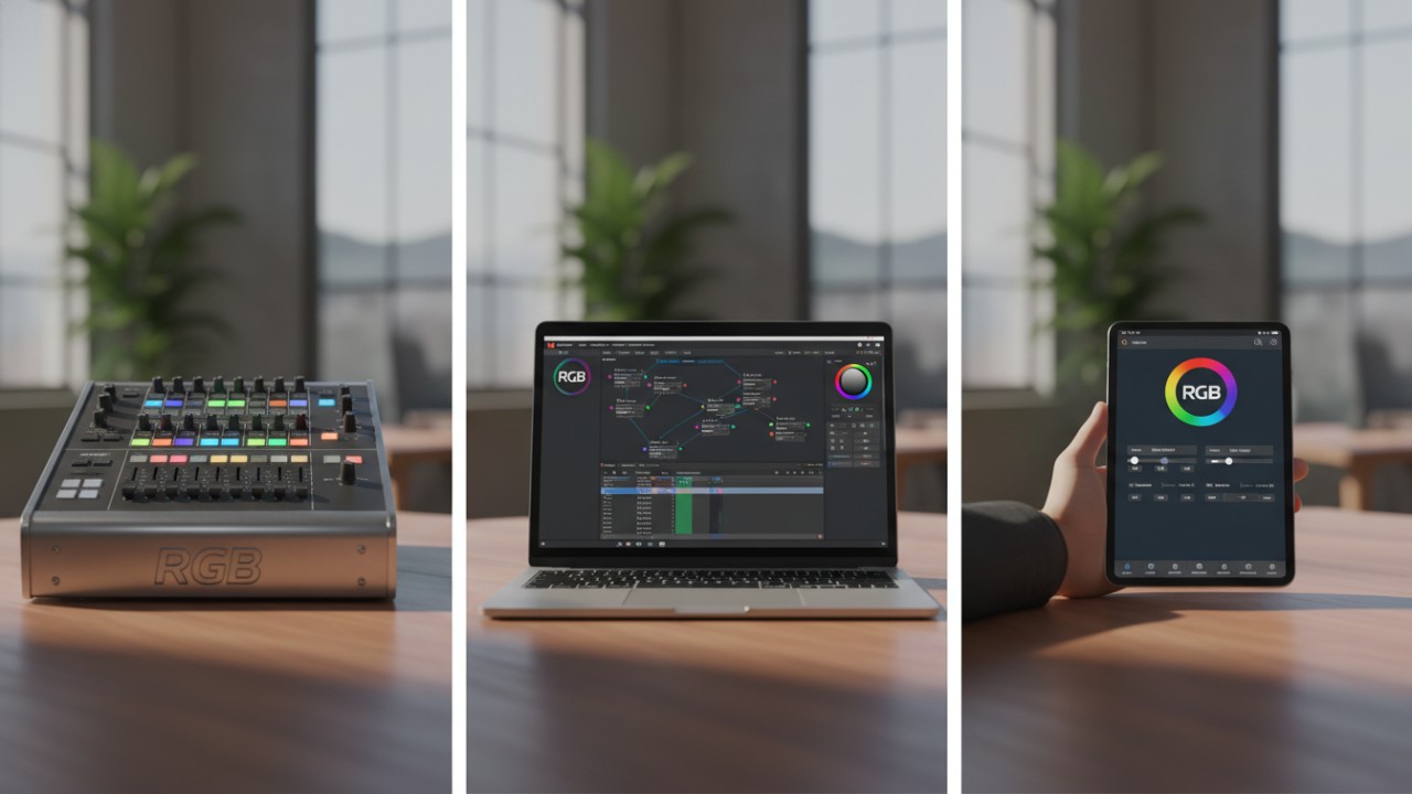 A comparison showing a physical hardware console, a laptop with lighting software, and a tablet app, all featuring RGB branding.
