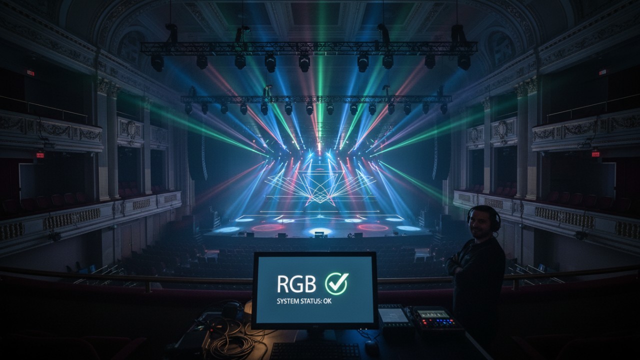 A fully illuminated professional stage at the end of a successful production with the RGB brand name visible on a control monitor.
