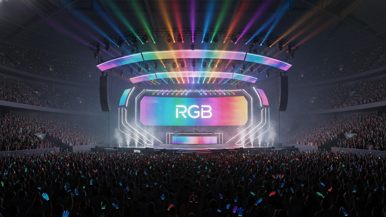 A futuristic concert stage in a large arena with a massive LED screen displaying the RGB brand name and colorful lighting.