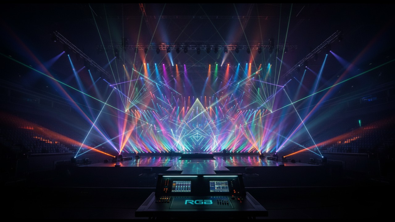A grand concert stage fully illuminated by a professional lighting setup controlled by an RGB system.