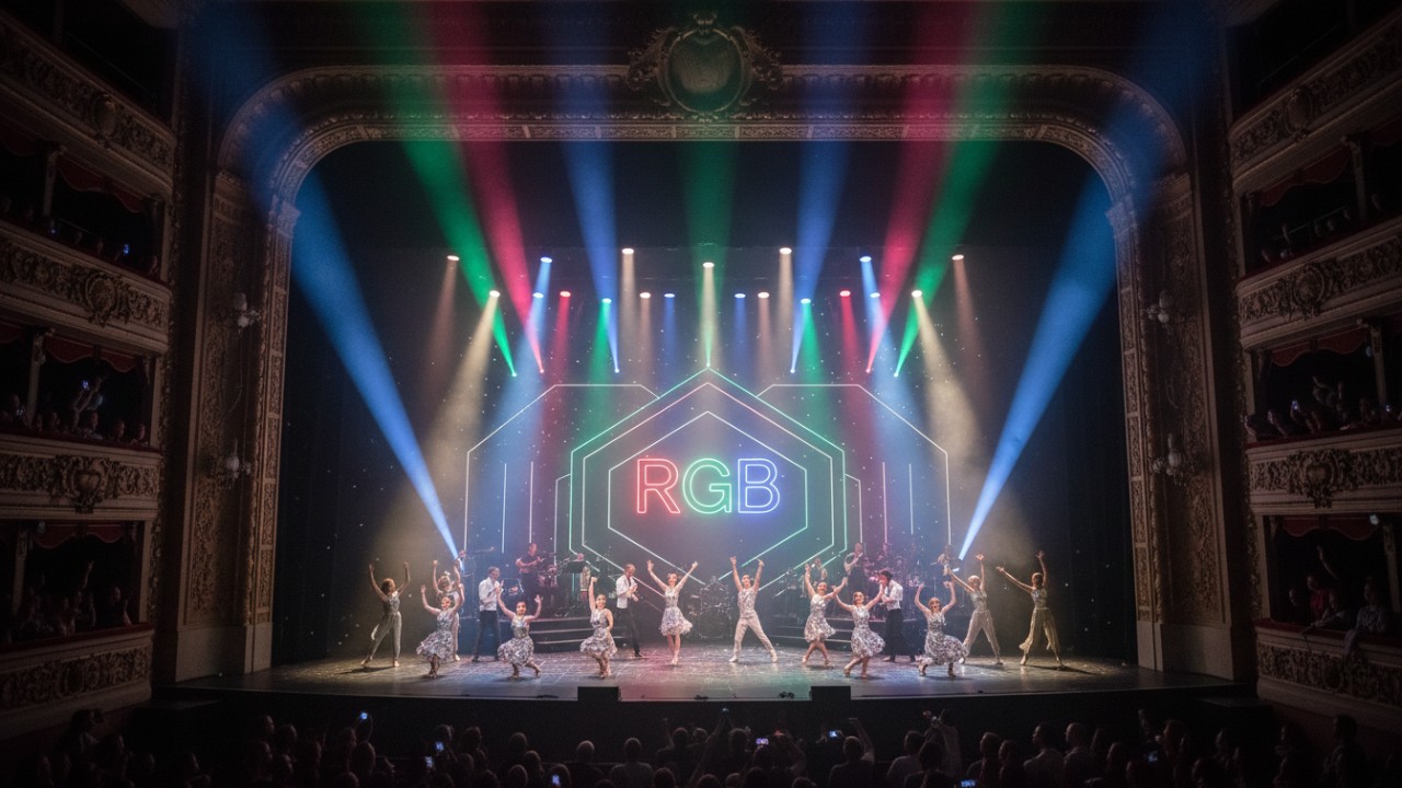 宏伟的剧院舞台，配有震撼的灯光效果，背景上显示着品牌名称 RGB。