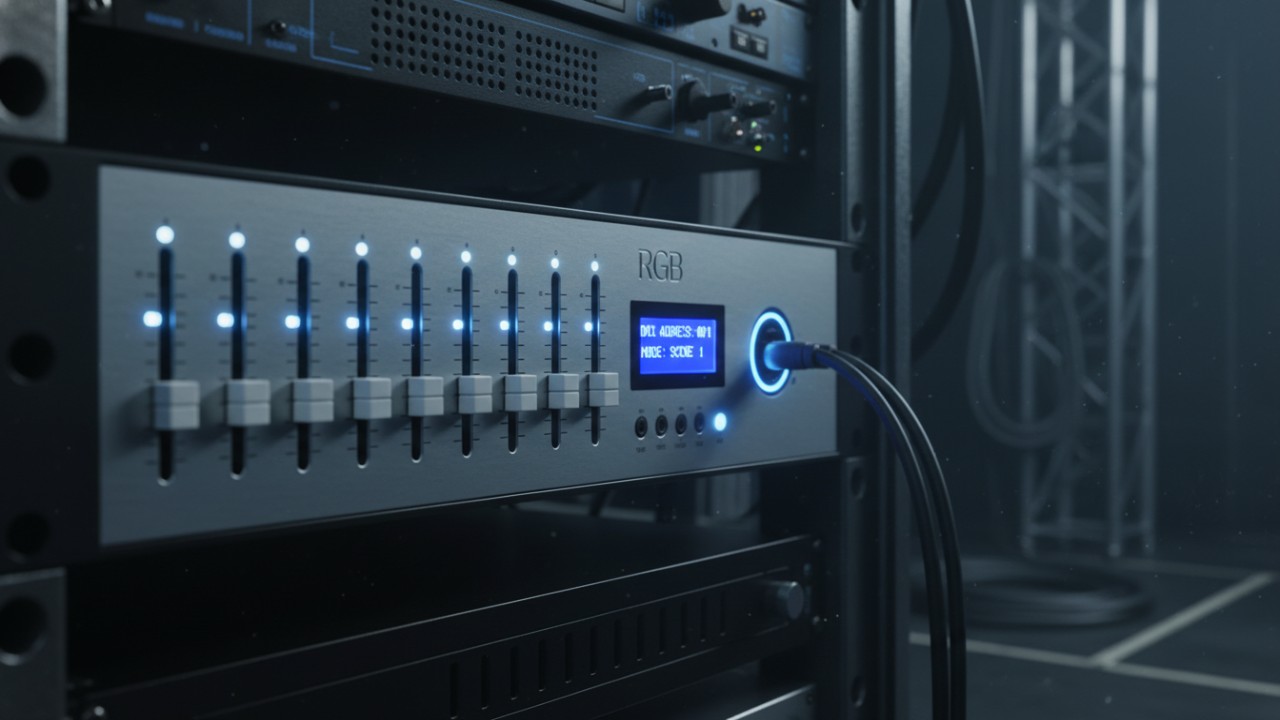 一款高科技专业舞台灯光调光器，前面板上印有 RGB 品牌标志。