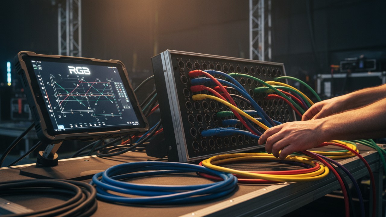 一名灯光技术人员正在配线架旁整理线缆，旁边是一台显示 RGB 标志的平板电脑。