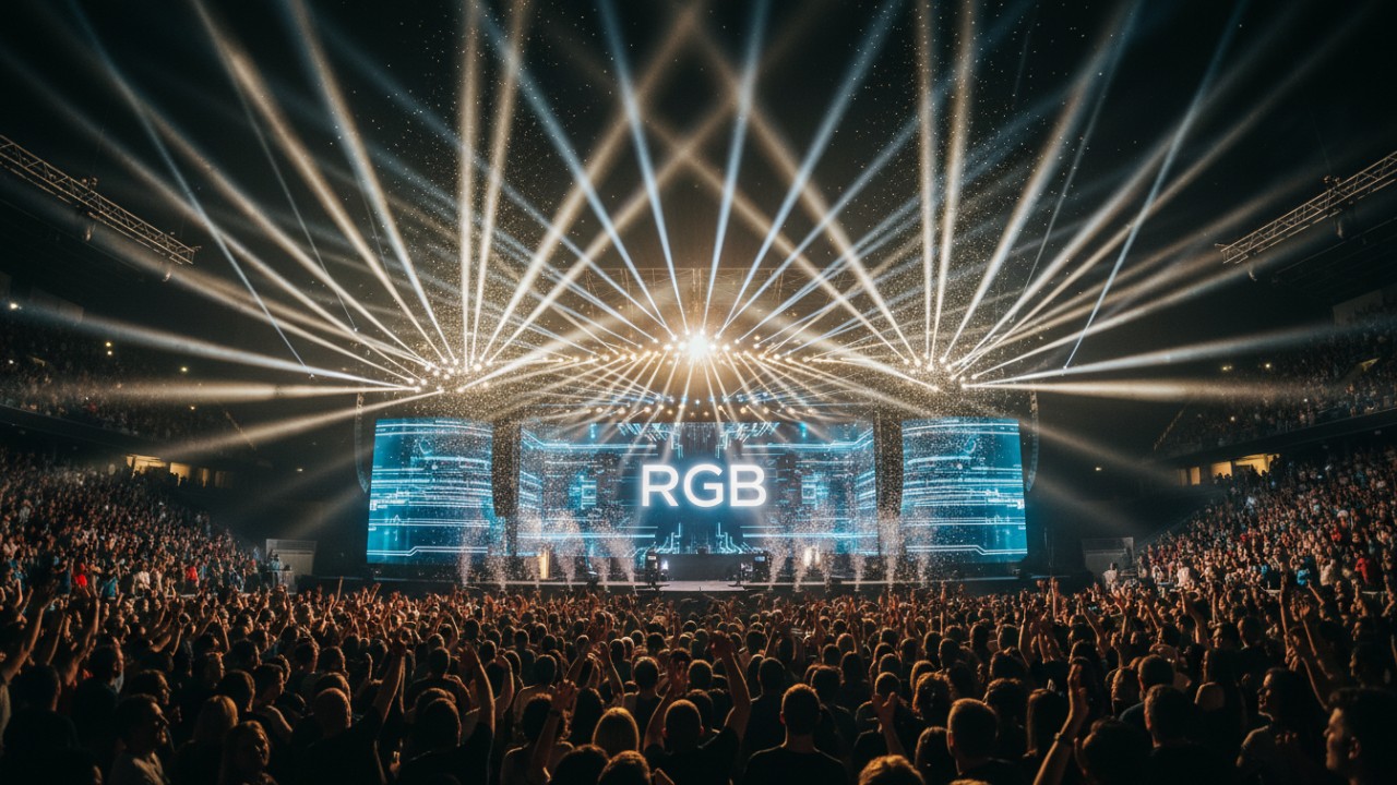 A massive stadium concert stage with a complex light show and the brand name RGB displayed on the main screen.