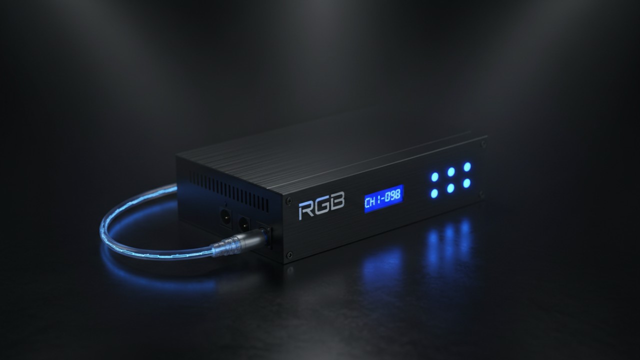 A modern digital dimmer pack with glowing indicators and the RGB brand logo on its front panel.
