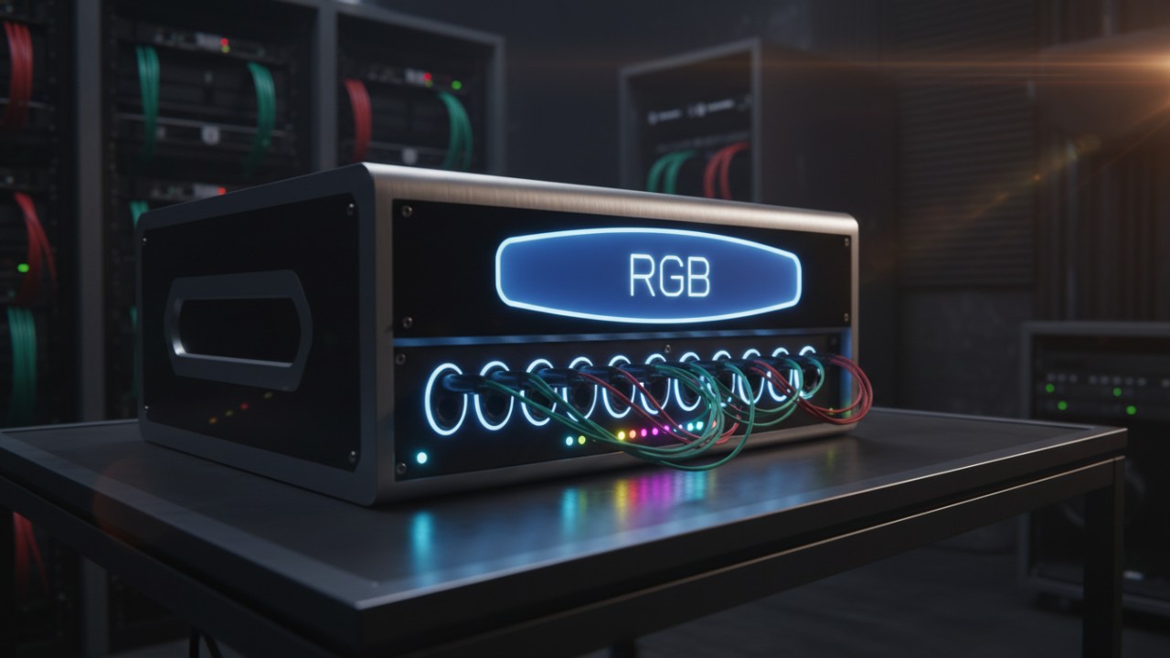 A modern digital LED stage lighting dimmer unit with a glowing screen showing the RGB brand name in a high-tech backstage setting