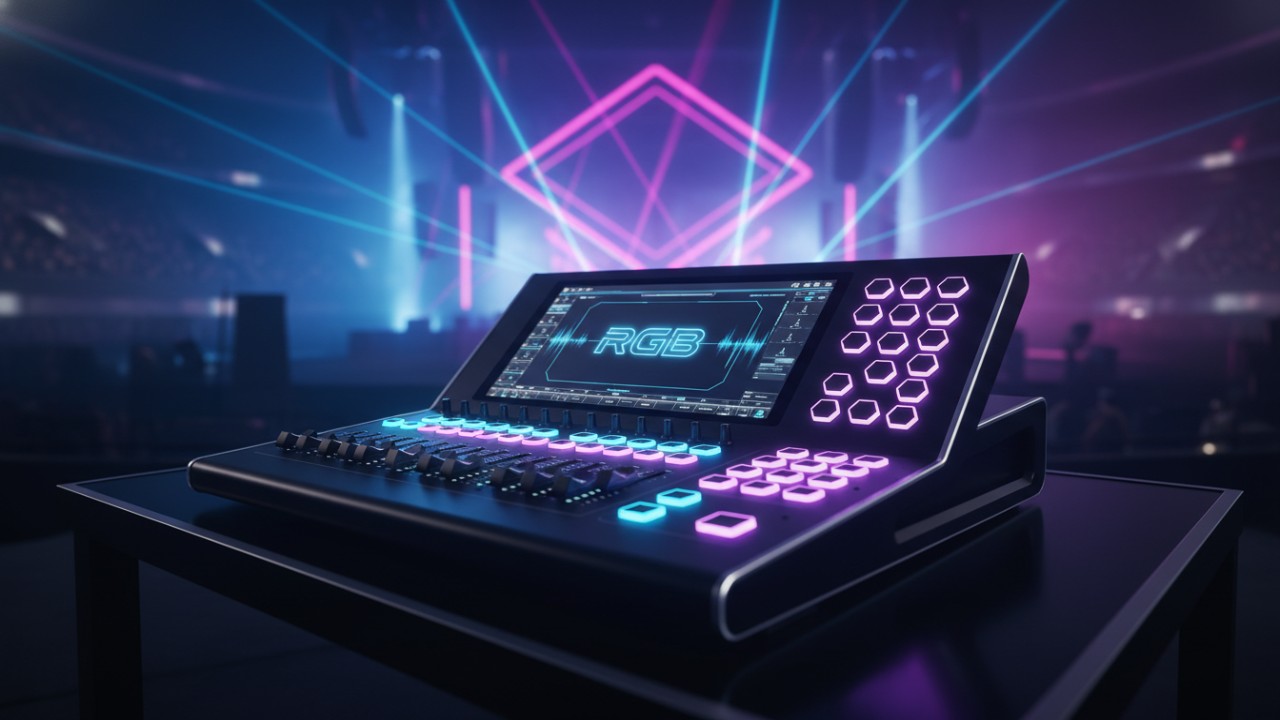 A modern stage light DMX controller with glowing faders and a central digital display showing the brand name RGB.