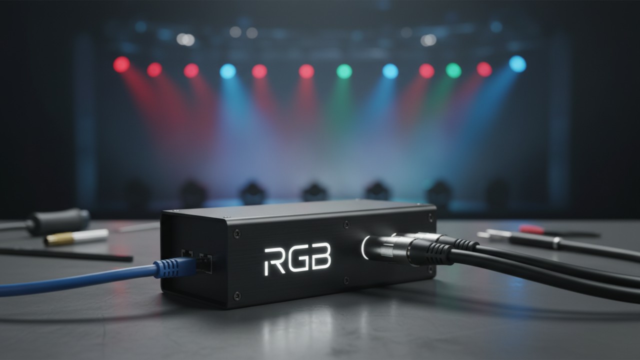 A professional black DMX network node with the brand name RGB etched on the front, connecting an Ethernet cable to several XLR lighting cables.