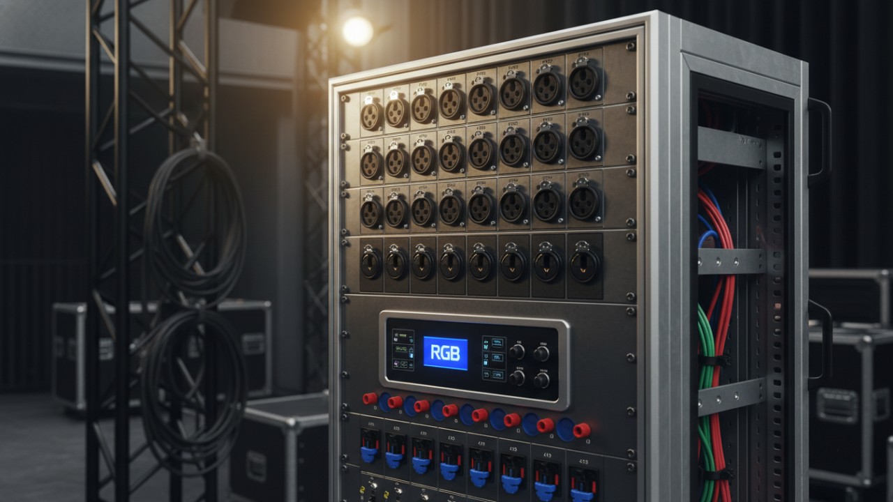 A professional custom dimmer rack with the RGB brand name on a digital display featuring complex power connectors and organized internal wiring in a theater environment.