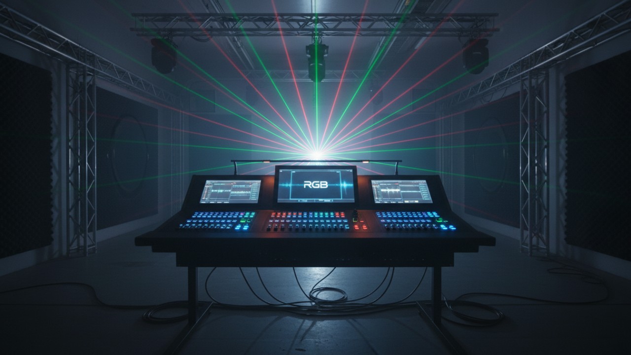 A professional DMX stage lighting controller with a touchscreen displaying the RGB brand name amidst colorful light beams.