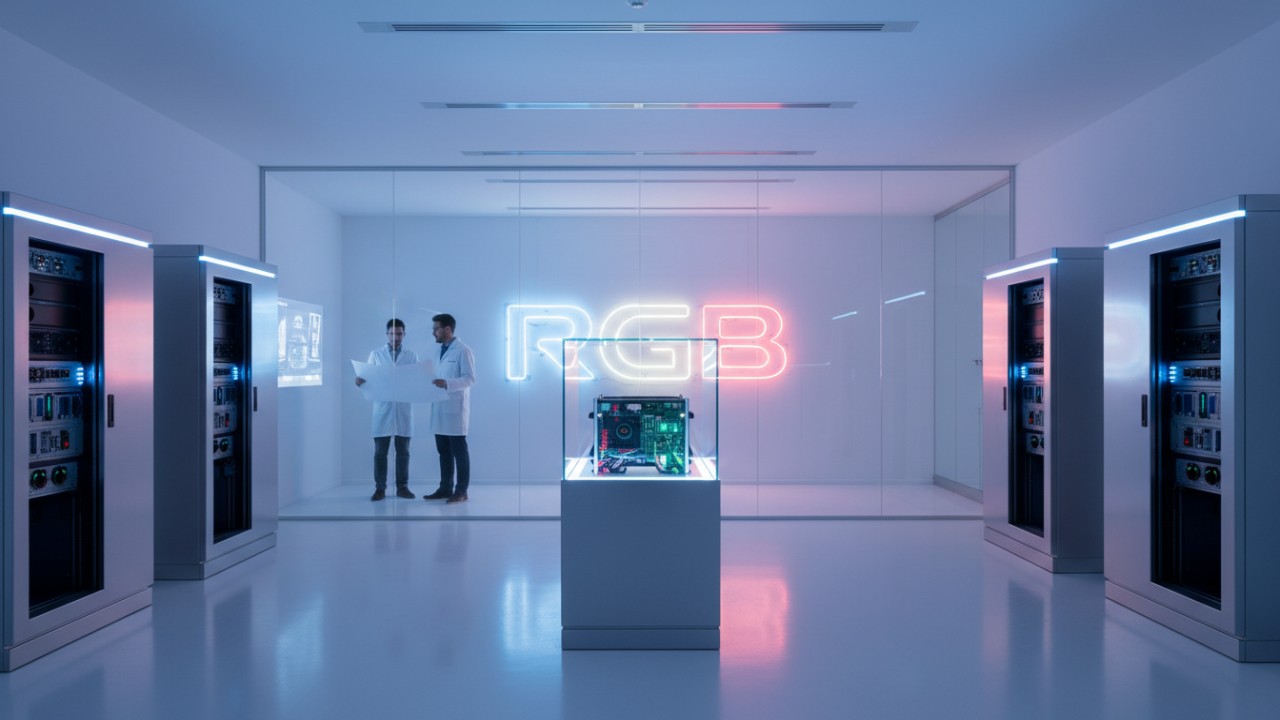 A professional lighting equipment showroom and research lab featuring advanced power systems and a large neon RGB logo.