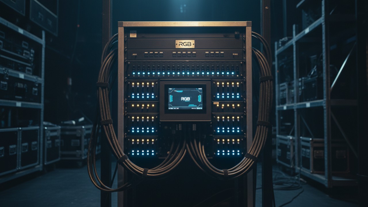 A professional modular stage lighting dimmer rack with glowing status lights and a digital display featuring the RGB brand logo