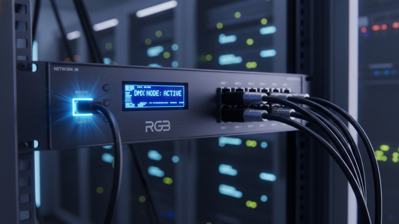 A professional Pathport DMX node with RGB branding showing Ethernet and DMX cable connections in a high-tech setting.