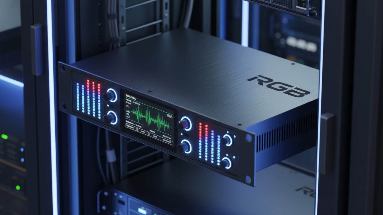 A professional rack-mounted stage light dimmer controller with the RGB brand name engraved on its front panel.