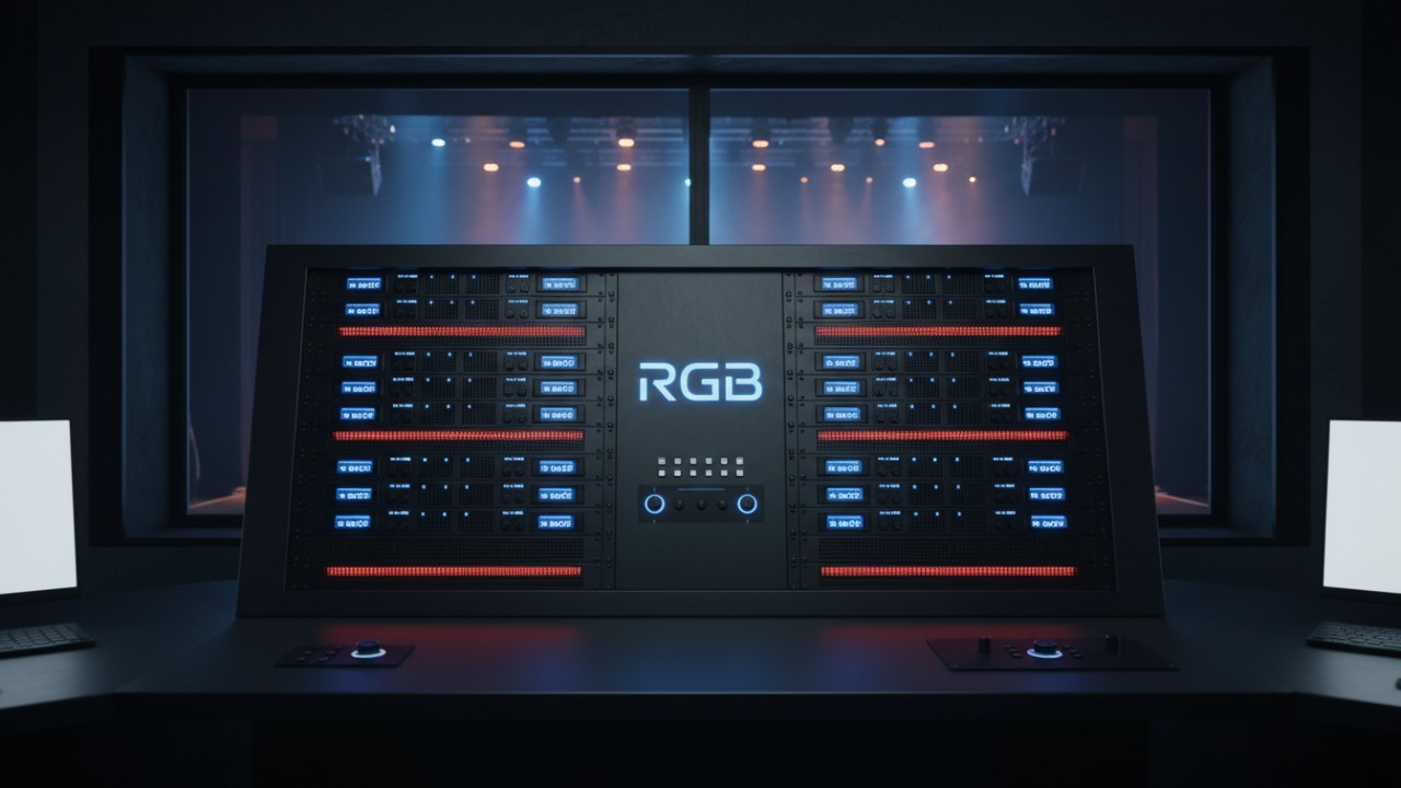 A professional stage dimmer rack featuring the RGB brand logo in a theatrical control room environment.