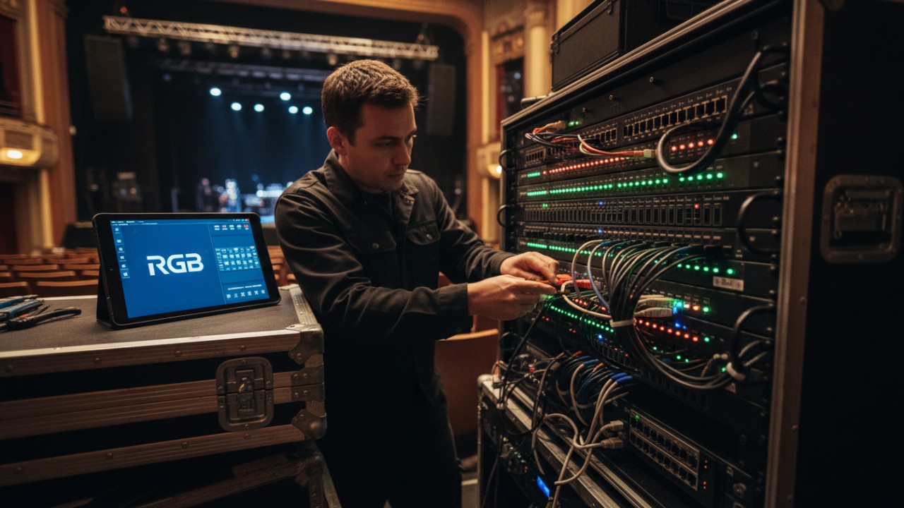 A professional technician setting up lighting equipment with a tablet displaying the RGB brand name in a theater environment