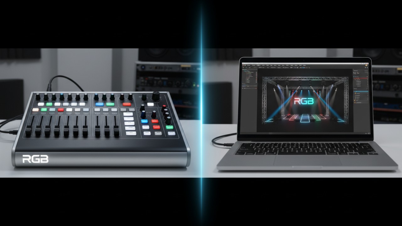 A side by side comparison of a physical hardware lighting console and a software interface on a laptop, both featuring the RGB brand.