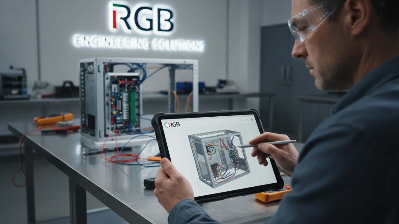 A technical designer reviewing a digital blueprint of a power cabinet with the RGB brand logo on a tablet screen in a professional workshop.