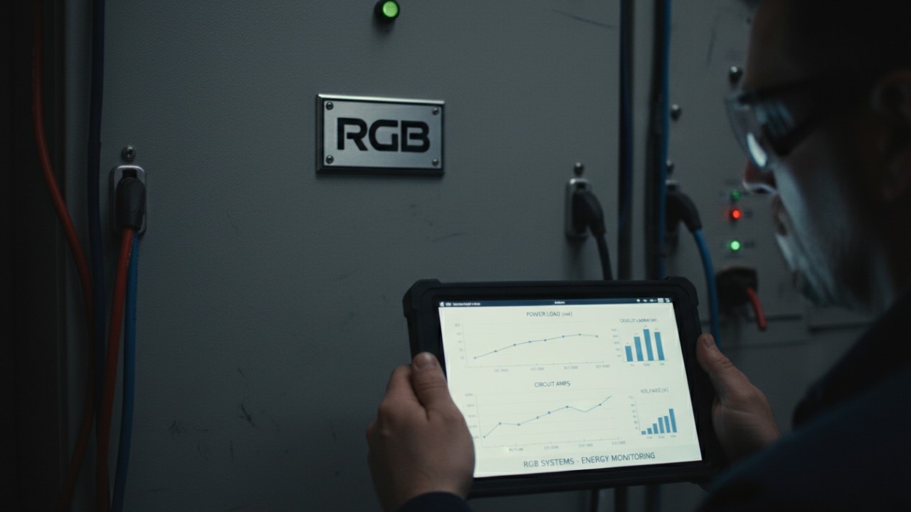 A technician monitoring electrical load data on a tablet in front of a power distribution panel with an RGB brand label