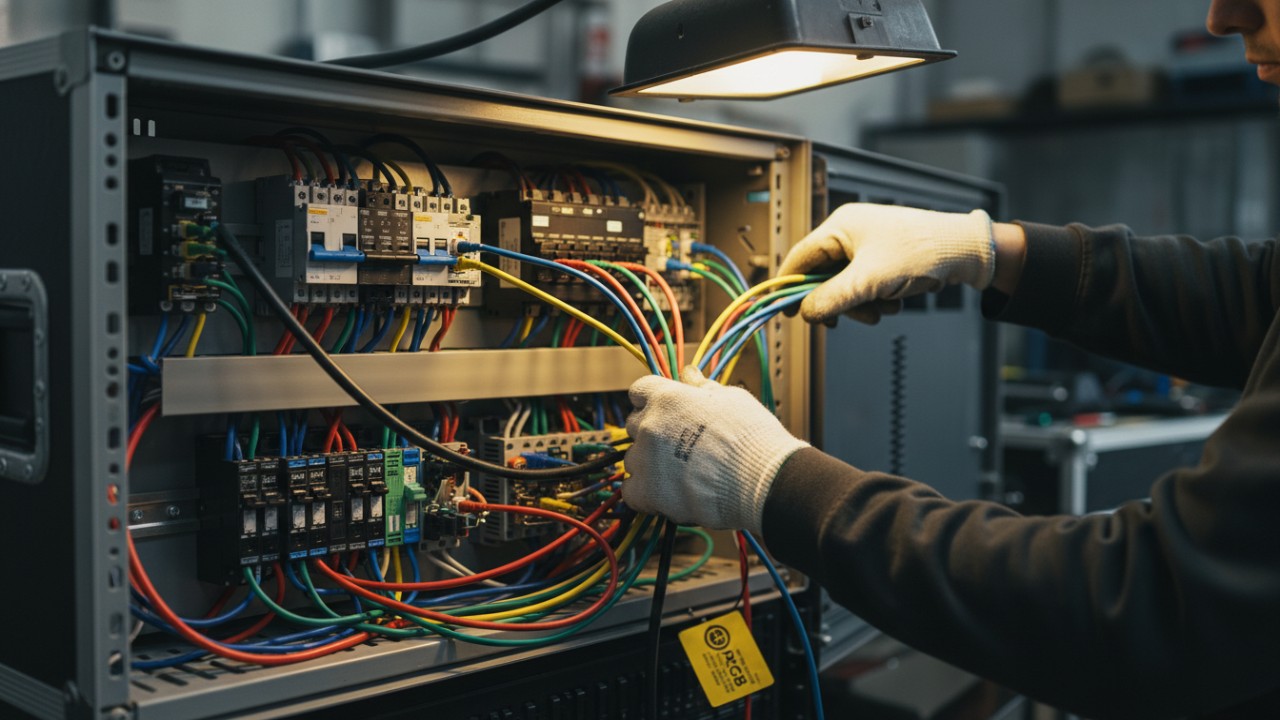 A technician organizing cables in a dimmer rack with an RGB brand label visible on the equipment.