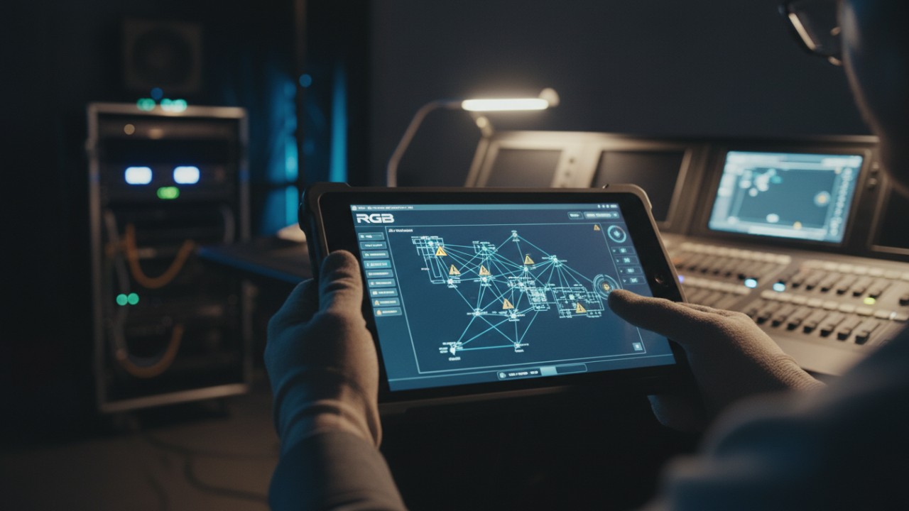 A technician using a tablet with the RGB logo to troubleshoot a lighting network setup in a dark venue.