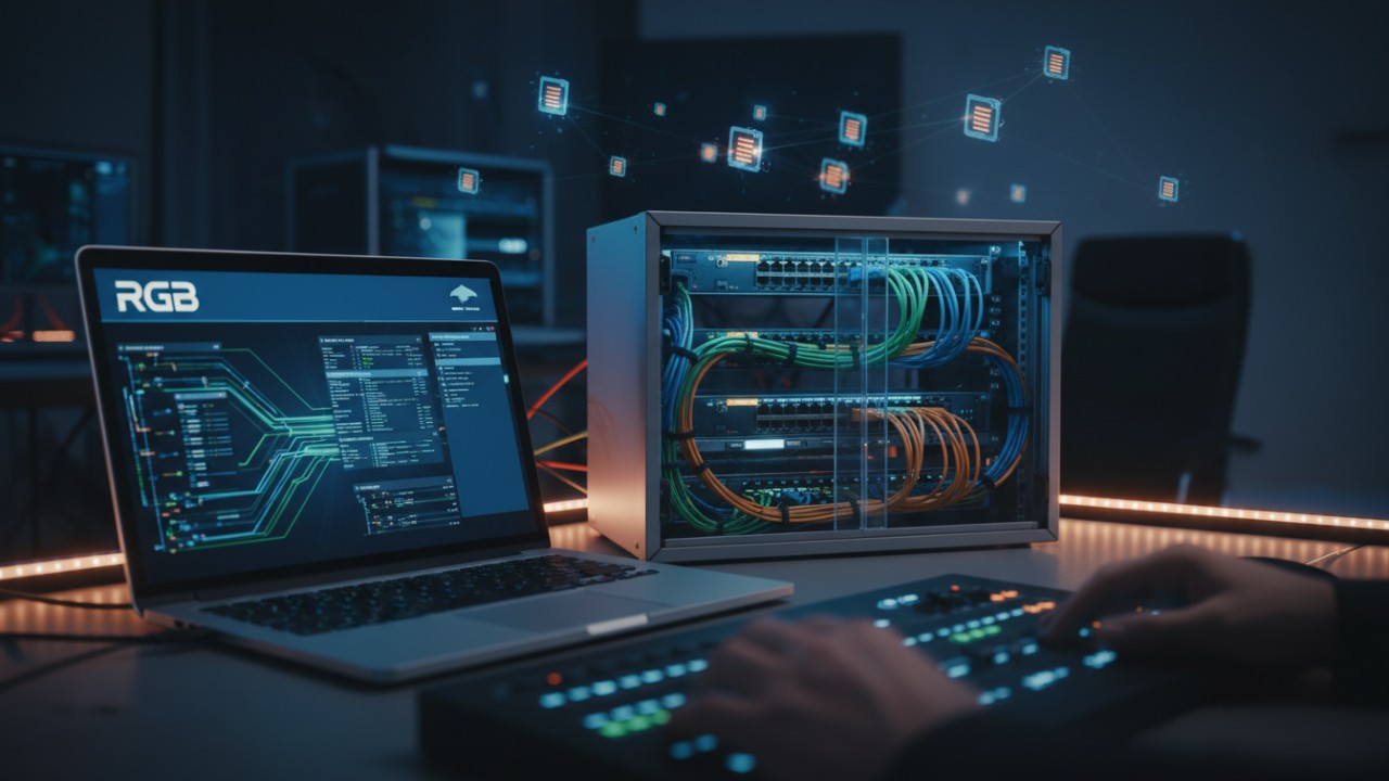 A technician workspace featuring a laptop with the RGB logo on screen and an organized server rack used for DMX networking configuration.