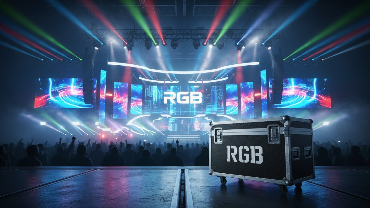 A vibrant concert stage illuminated by professional lighting with an RGB branded equipment flight case in the foreground